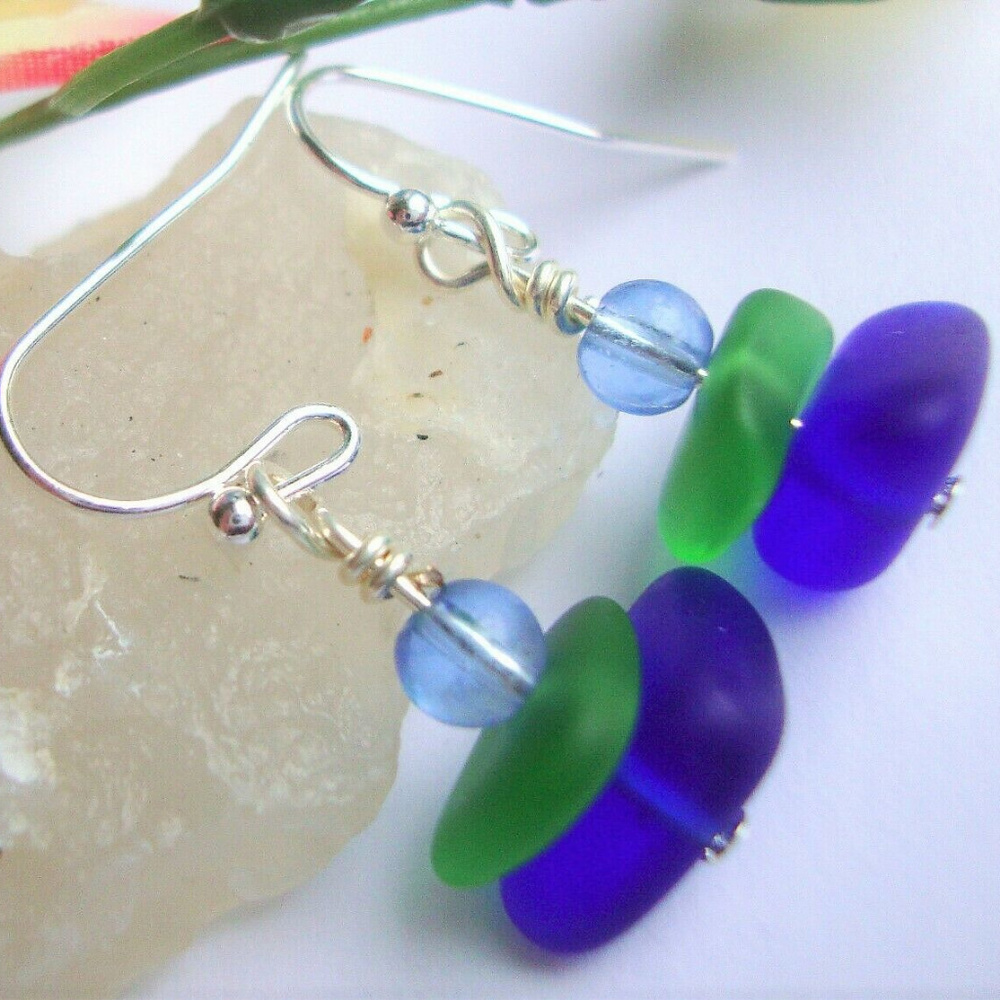 Cobalt Blue & Emerald Green SEA GLASS Earrings